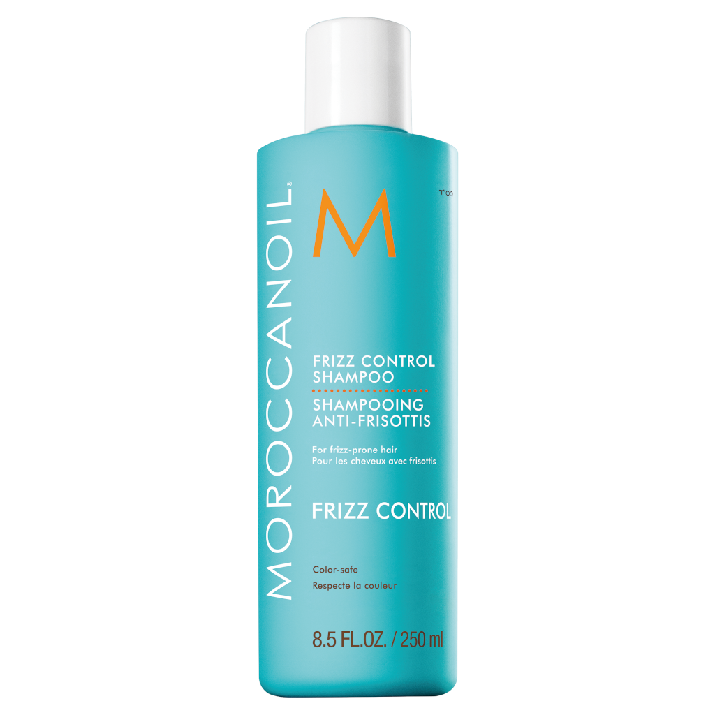 Frizz control shampoo bottle with teal label and white pump cap, 250 ml.