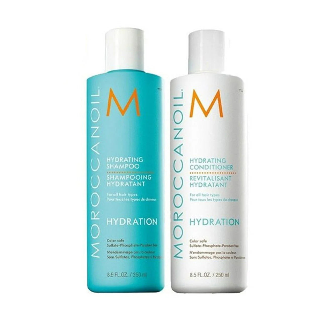 Moroccanoil Hydrating Shampoo and Conditioner bottles, turquoise and white, 250 ml