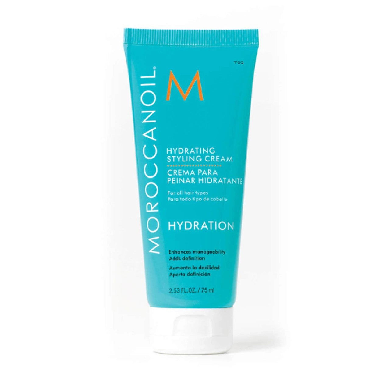 Moroccanoil hydrating styling cream travel size tube, teal label and flip-top cap