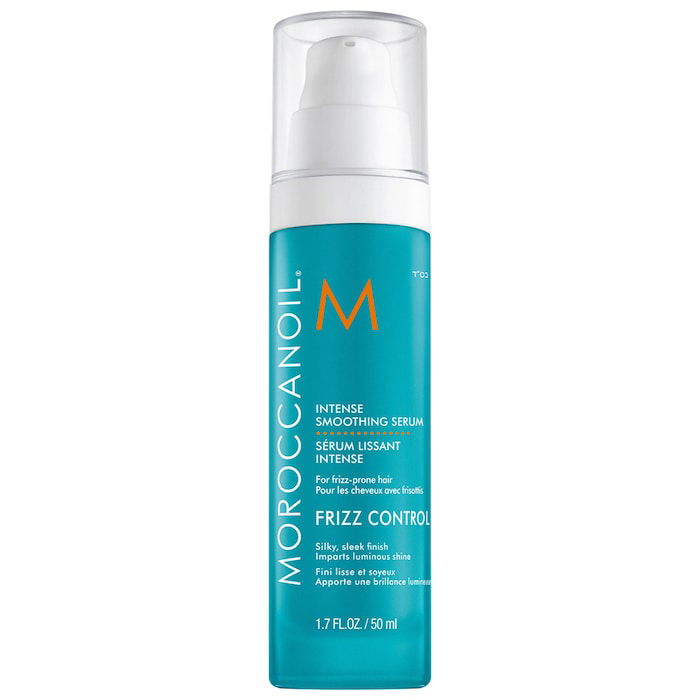 Moroccanoil Intense Smoothing Serum bottle, teal liquid and clear pump, 50 ml