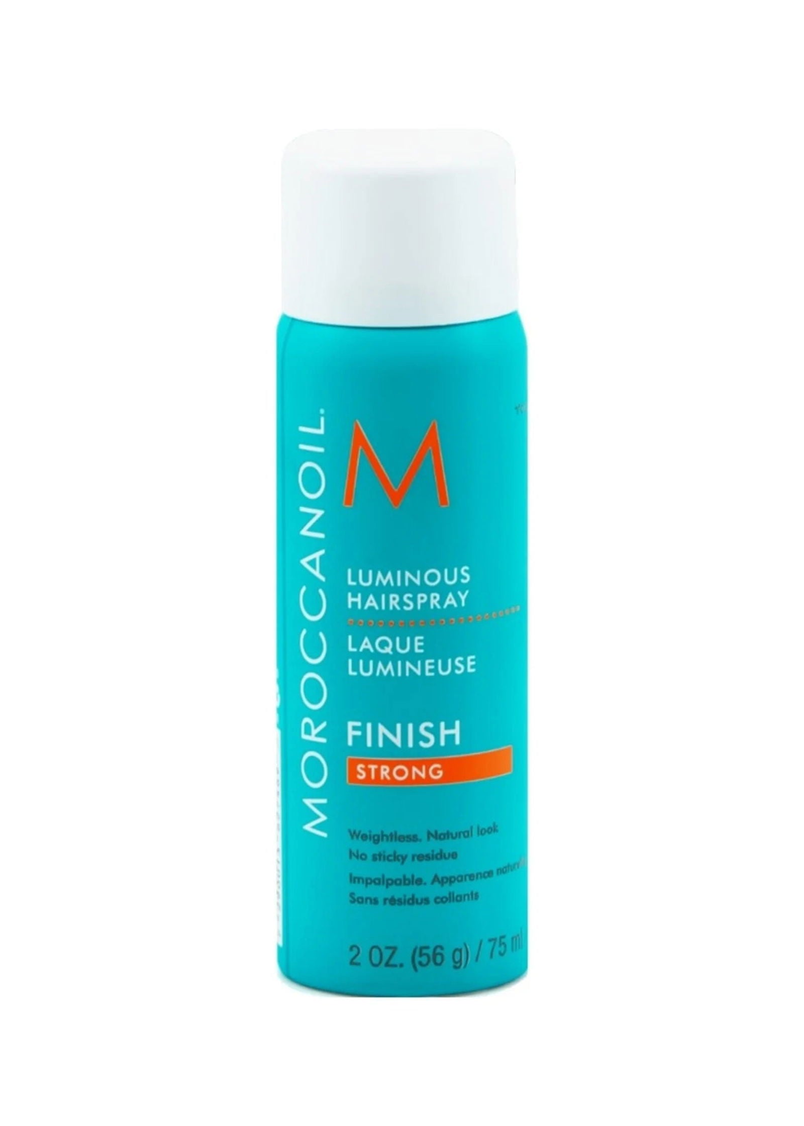 Moroccanoil Luminous Hairspray STRONG travel-size bottle, teal with white cap