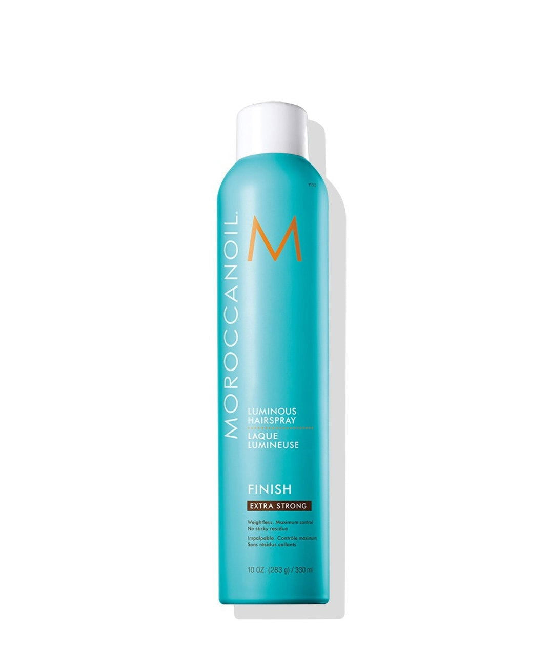 Moroccanoil luminous hairspray bottle, teal tube with gold M logo, white cap.