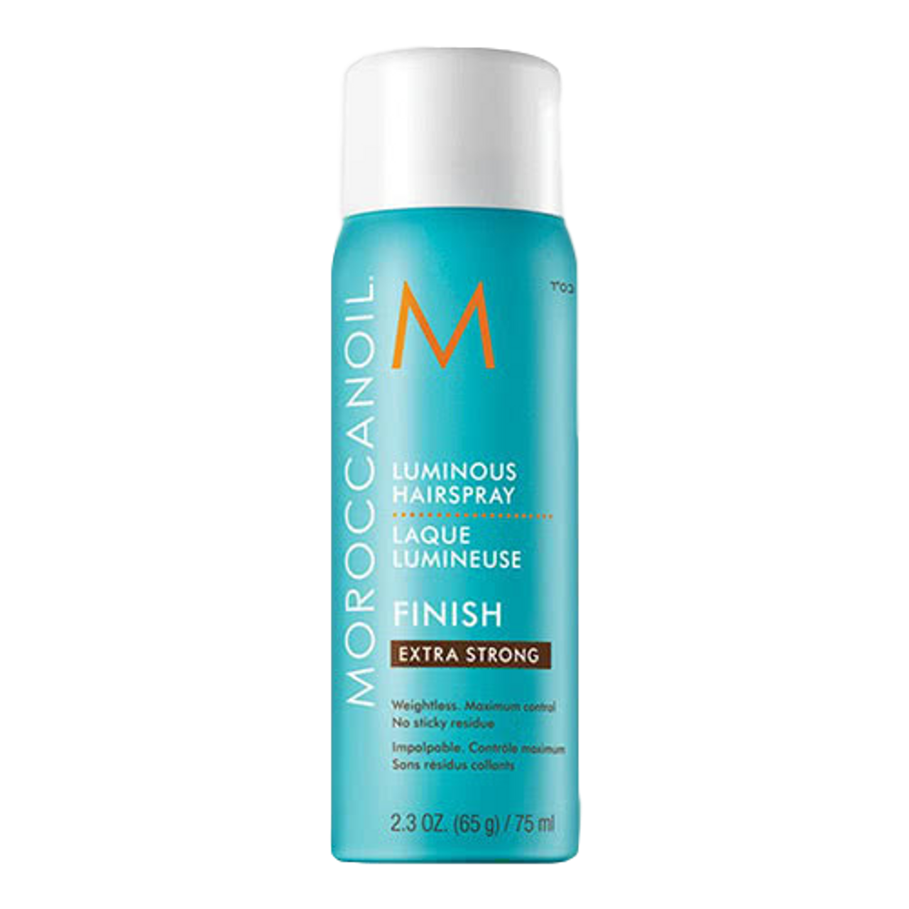 Moroccanoil Luminous hairspray travel bottle, teal label, silver cap, 75 ml