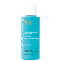 Moroccanoil Moisture Repair Shampoo travel bottle, teal with blue label, 70 ml