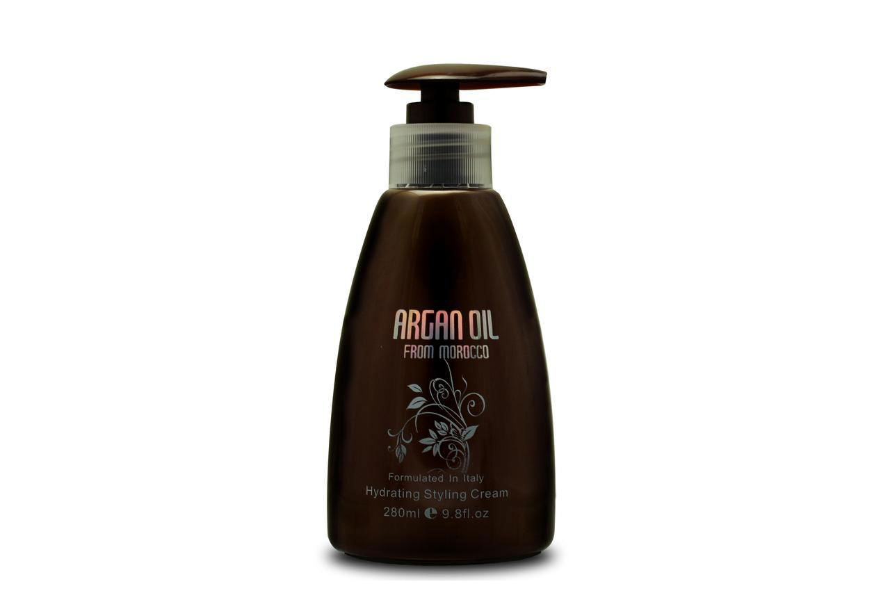Hydrating styling cream pump bottle with Argan Oil label