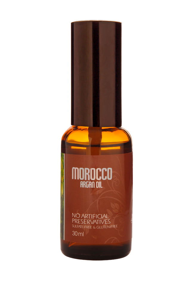 Amber argan oil bottle with black cap, label says Morocco Argan Oil, 30 ml