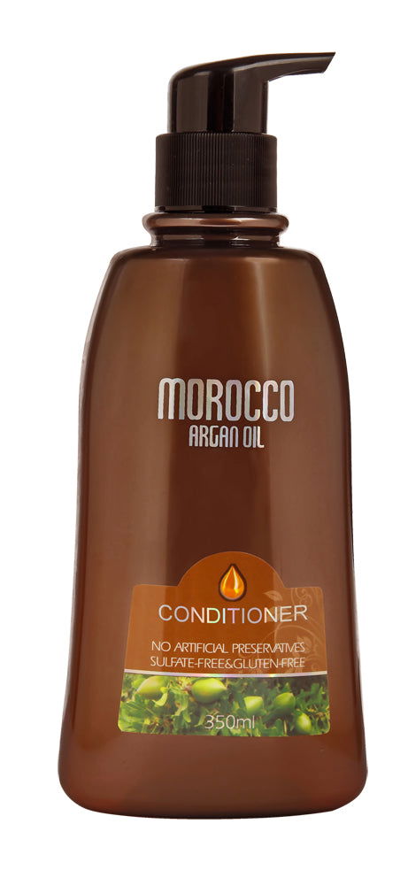 Conditioner bottle labeled Morocco Argan Oil, 350 ml, amber pump dispenser