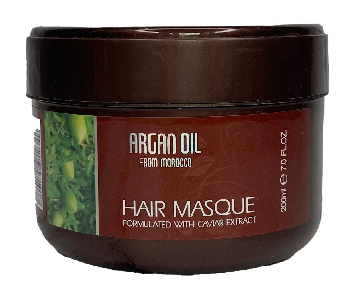 Hair masque jar labeled Argan Oil from Morocco, caviar extract, 200 ml