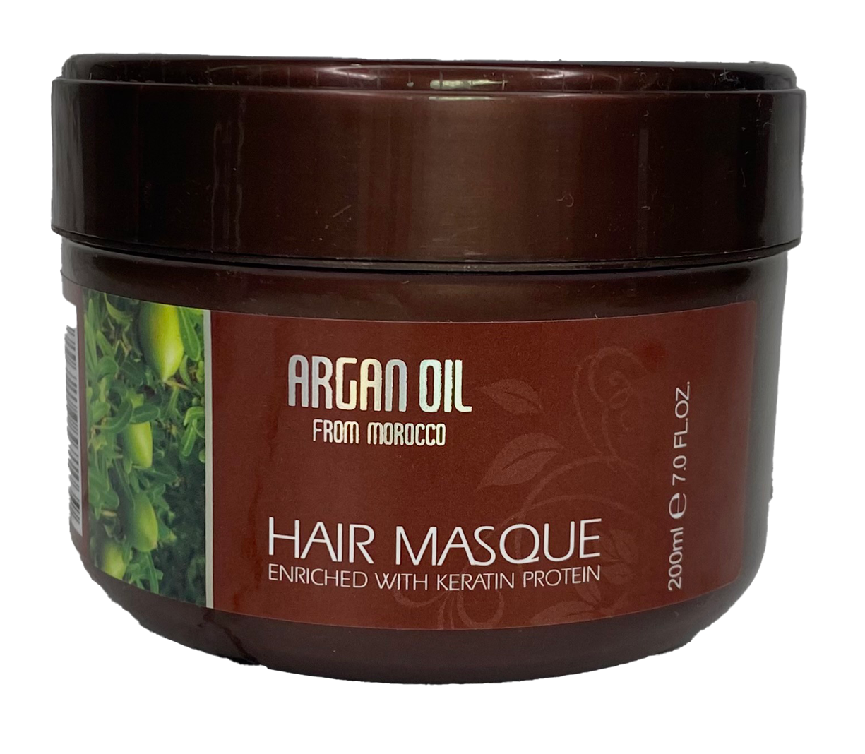 Argan oil hair masque jar, brown container with 'Argan Oil from Morocco' label