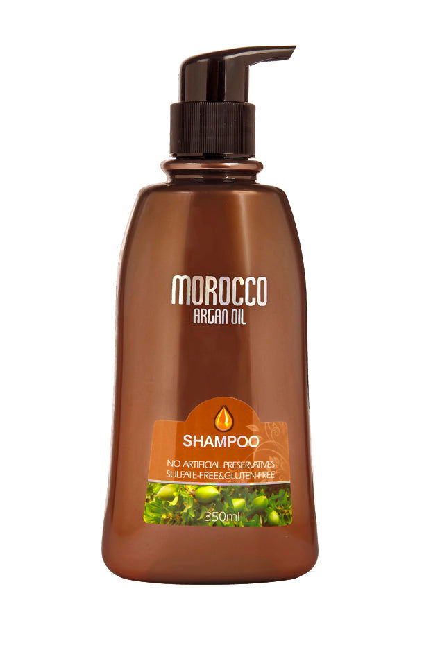 Argan oil shampoo bottle with pump, brown bottle, Morocco label, 350 ml