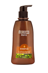 Argan oil shampoo bottle with pump, brown bottle, Morocco label, 350 ml
