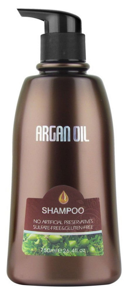 Argan oil shampoo bottle, 750 ml, dark brown glass with black pump and label