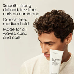 Olaplex No.10 bond shaper gel on short dark curly hair, smooth strong curls