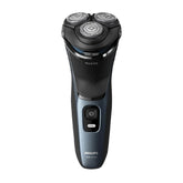 Electric shaver with three rotating foil heads, wet & dry, dark and blue body.