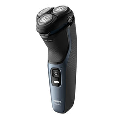 Electric shaver with three rotating foil heads, wet & dry, dark and blue handle.