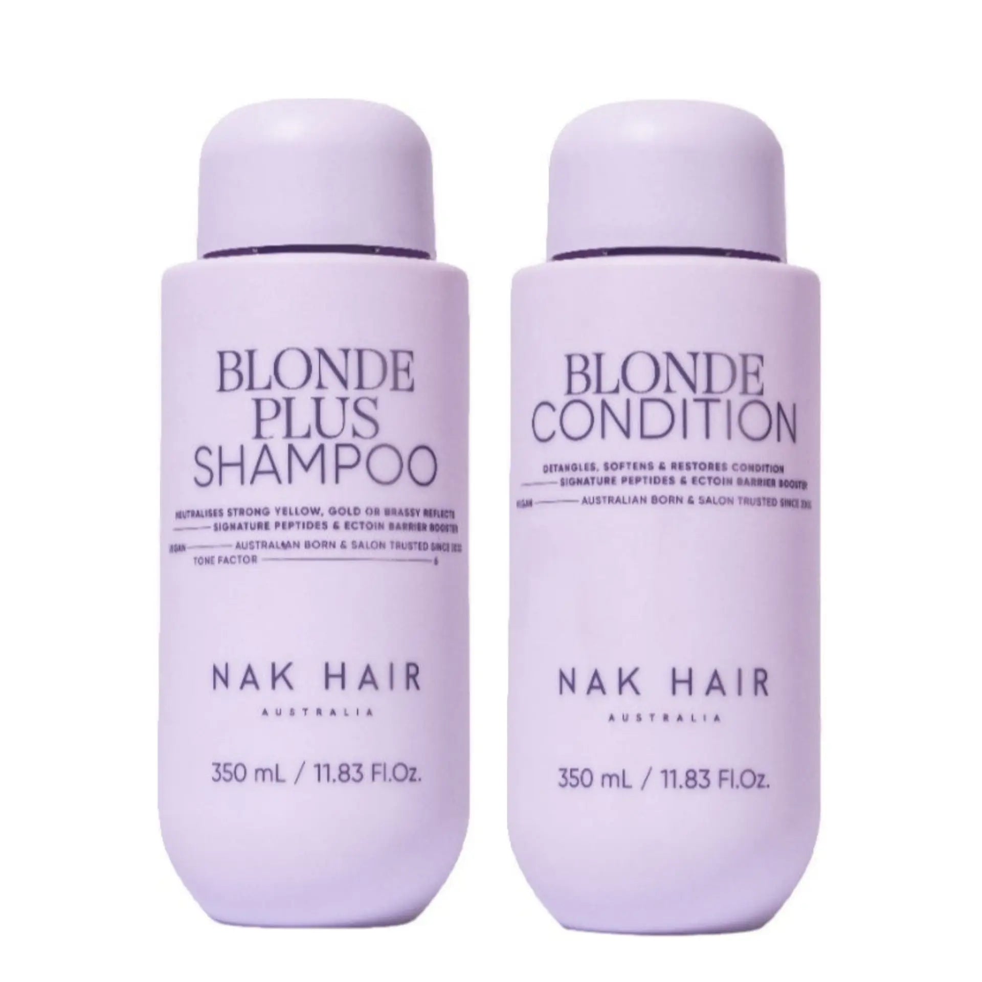 Blonde Plus shampoo and conditioner bottles, 350 ml each, light purple labels