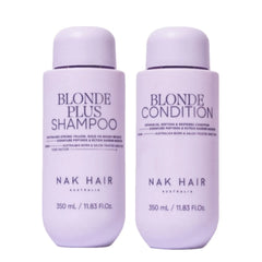 Blonde Plus shampoo and conditioner bottles, 350 ml each, light purple labels