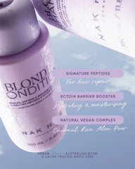 Close-up of violet blonde conditioner bottle with Blonde Condition and signature peptides.