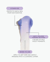 Violet blonde conditioner bottle with Vitamin B5 and anti-yellow toning callouts.