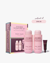 Nourish hair care set with boxed kit, pink shampoo and conditioner bottles, and mini tube