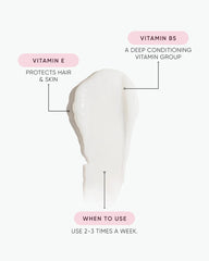 Pink conditioner bottle diagram with callouts for Vitamin E and Vitamin B5