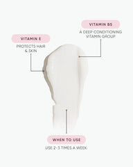 Conditioner texture and usage diagram: Vitamin E, Vitamin B5, apply 2–3x weekly
