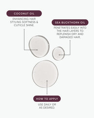 Hair oil packaging infographic with three product circles and how-to apply