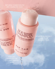 Pink Nourish shampoo bottles with red caps, 350 ml and label text