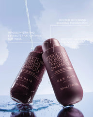 Structure Complex Protein Shampoo bottles with water splash and bond-building callouts