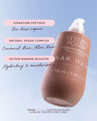 Brown styling polish serum bottle with white cap, 100 ml and key claims.
