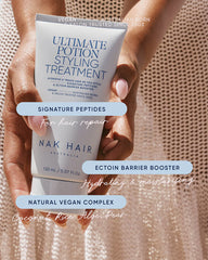 Hair treatment tube held in hand, Ultimate Potion Styling Treatment, 150 ml