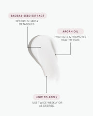 Hair treatment application infographic with labeled baobab seed extract and argan oil