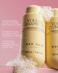 Volume Shampoo bottle with frothy bubbles overlay, 350 mL, NAK Hair label