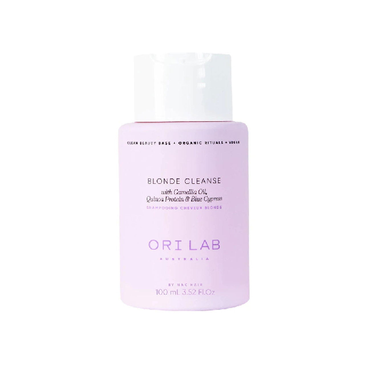 Travel-size shampoo bottle, ORI Lab blonde cleanse, 100 ml, purple-pink label