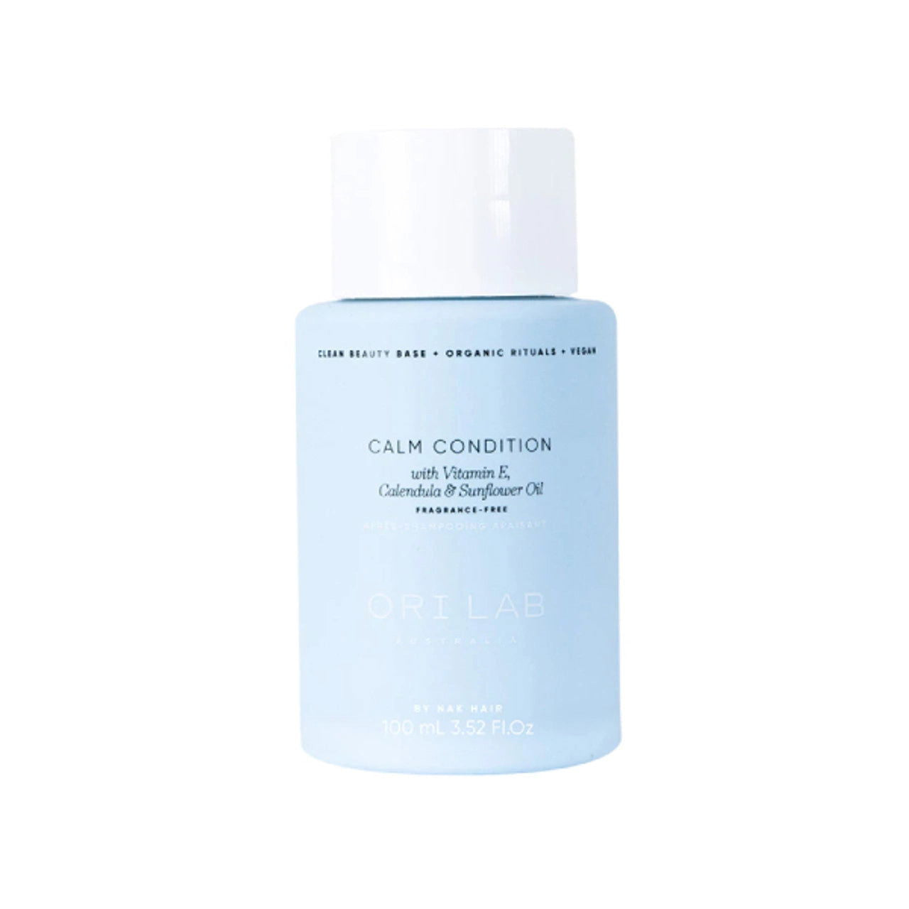 Hair conditioner travel bottle, light blue 'CALM CONDITION' label