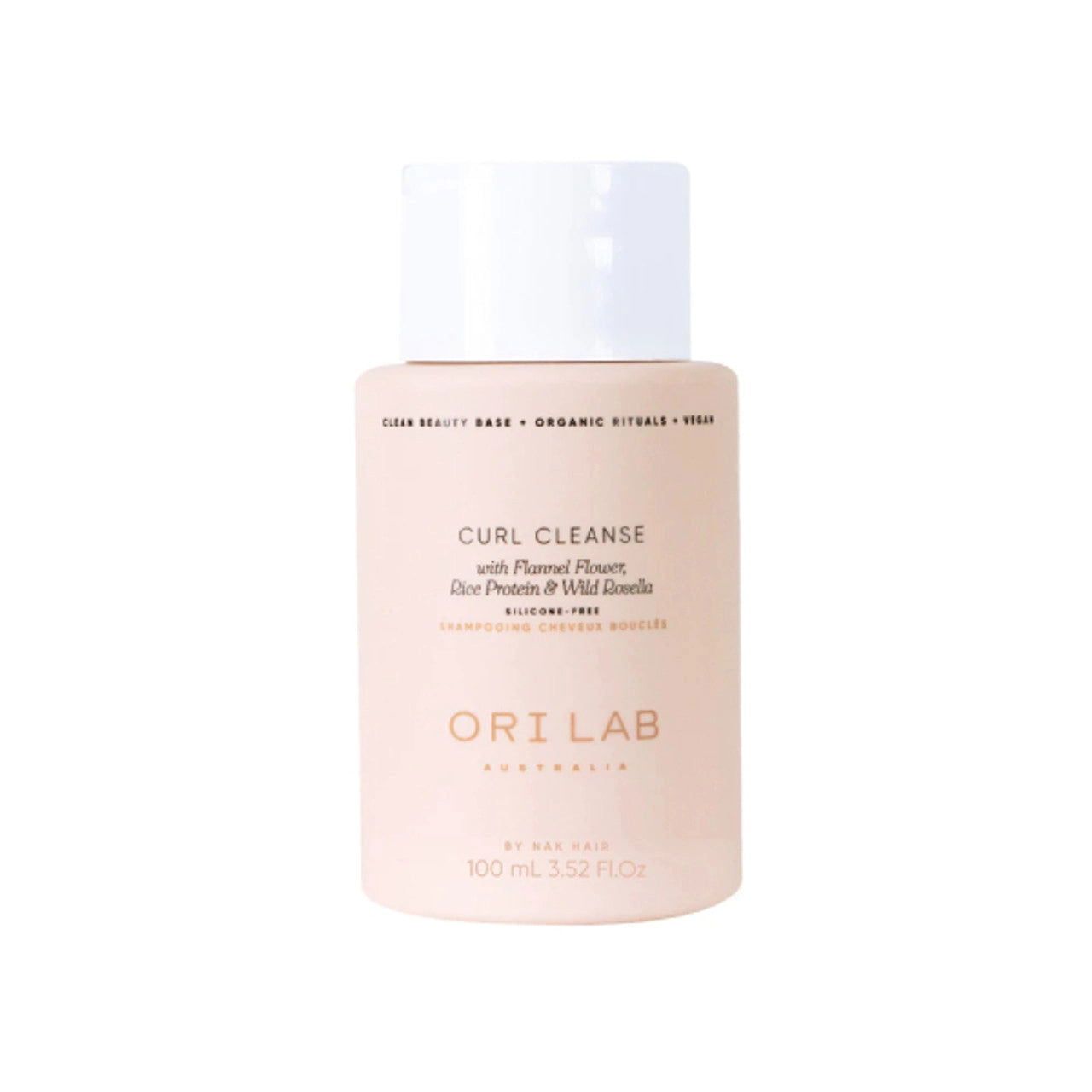 Travel shampoo bottle, ORI LAB CURL CLEANSE, 100 ml, with white cap