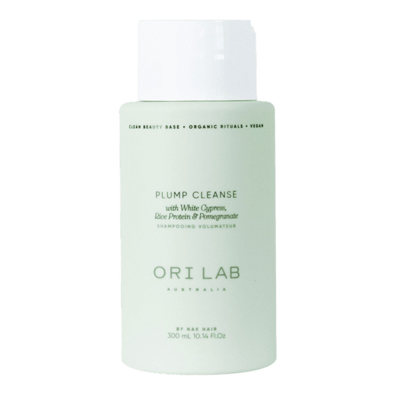 ORI Lab Plump Cleanse shampoo bottle, white cap, translucent light green label.