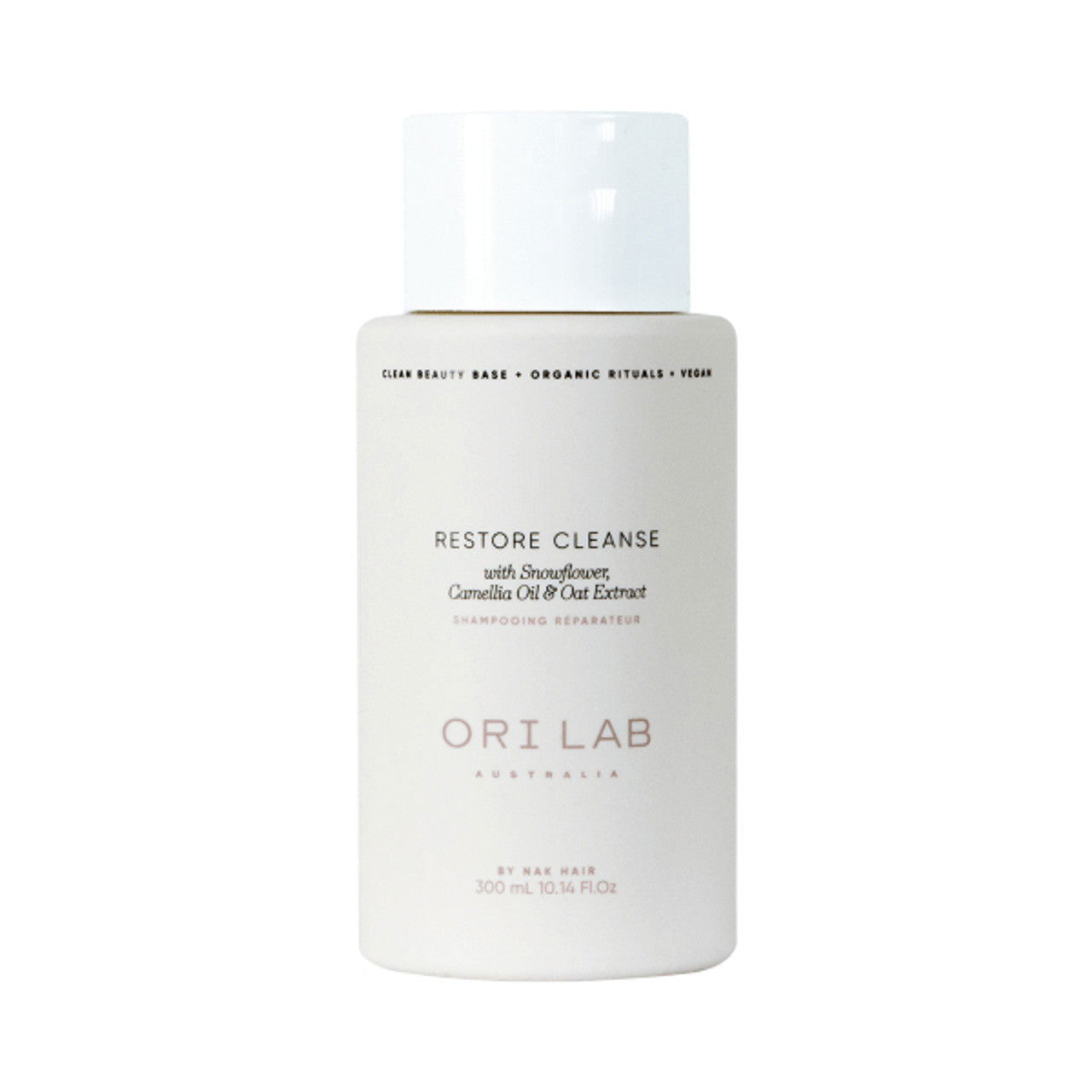Shampoo bottle, white plastic with cap, ORI LAB Restore Cleanse label