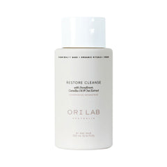 Shampoo bottle, white plastic with cap, ORI LAB Restore Cleanse label