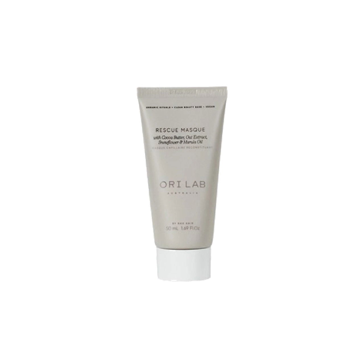 Hair rescue masque travel size tube with cap, printed label in gray and white