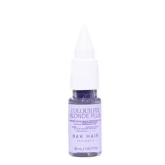 Hair color-fix serum bottle with pump cap, purple-tinted liquid, 30 ml