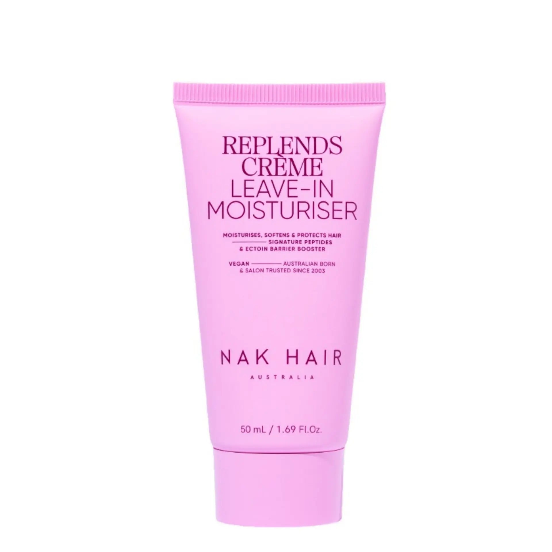 NAK Hair RepLends Creme leave-in moisturiser travel tube, pink squeeze bottle, 50 ml