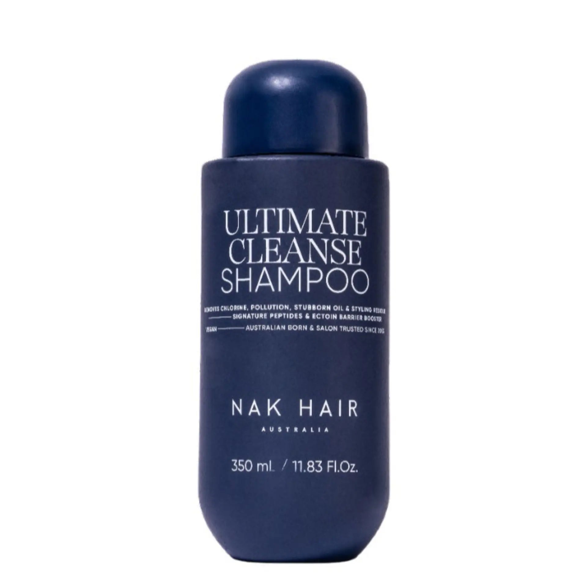 Ultimate Cleanse Shampoo bottle, dark blue with white label and 350 ml text