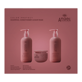 Hair care gift set box front with two bottles and a hair mask jar