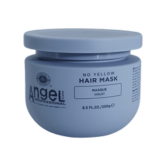 Blue hair mask jar with white 'No Yellow Hair Mask' and 'Masque Violet' label