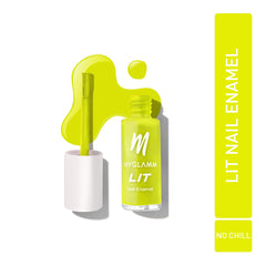Lime yellow nail enamel bottle with applicator over a white holder