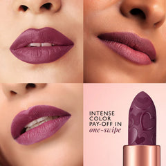 Purple matte lipstick shade on lips with rose-gold bullet and heart-pattern cap