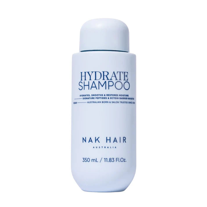 Hydrate shampoo bottle, light blue with front label and flip-top cap