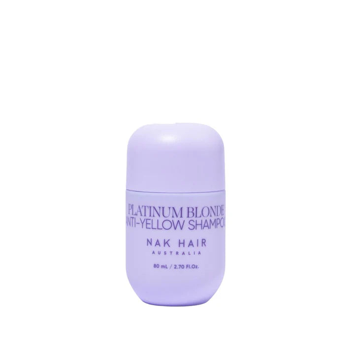 Platinum Blonde anti-yellow shampoo travel bottle with lavender cap, 80 ml label