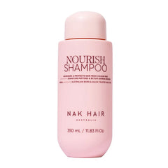 Pink Nourish shampoo bottle with red cap, NOURISH SHAMPOO label, 350 ml